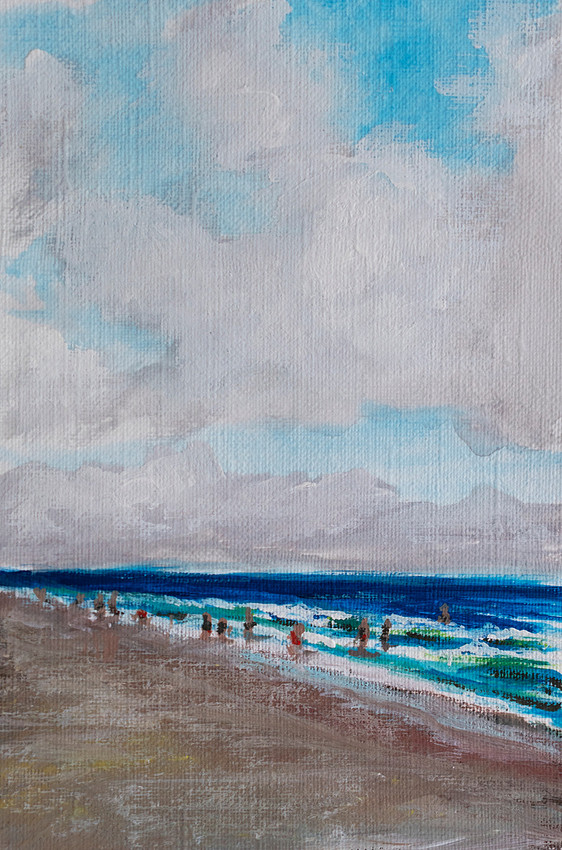 Afternoon at the beach, gouache sketch on paper, 4x6