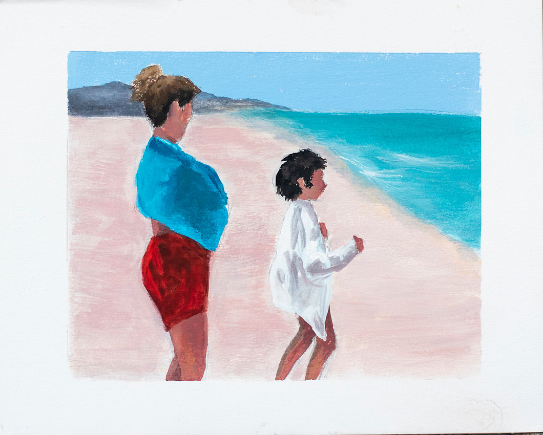 At the beach, gouache on board, 8x10