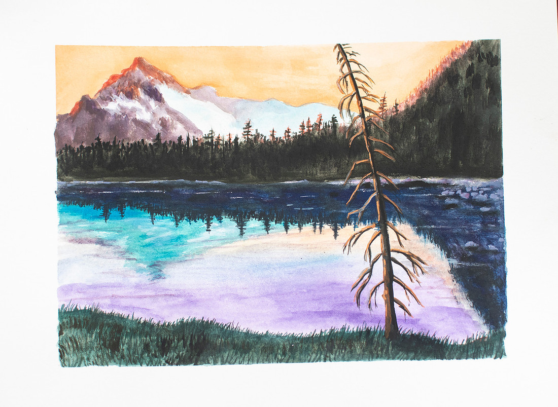 Yoho reflections, gouache, 9x12